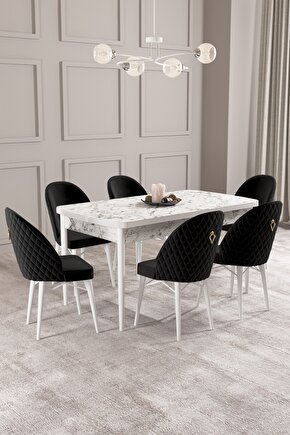 Calvin Beyaz Mermer Desen 80x132 Mdf Açılabilir Yemek Masası Takımı 6 Adet Sandalye