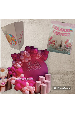 Barbie zincir balon set PASTEL FUŞYA MAKARON PEMBE,İYİ Kİ DOĞDUN YAZI MISIR KUTUSU HEDİYELİ