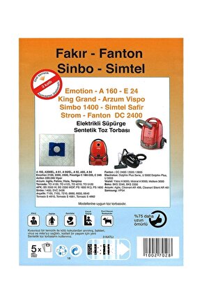 30 Ad Fantom Sinbo Stilevs Elektirikli Süpürge Bez Kumaş Toz Torbası (%100 Ithal A++ Kalite)