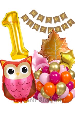 Orman Woodland Baykuş Konsept Doğum Günü 1 Yaş Balon Set Baykuş Tema Folyo Balon Set
