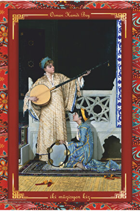 osman hamdi bey iki müzisyen kız tablosu otantik çerçeve görünümlü ahşap tablo