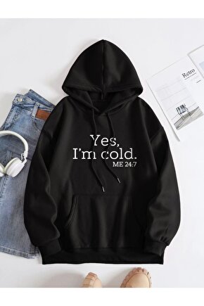 Oversize Yes I’m Cold Baskılı Siyah Sweatshirt