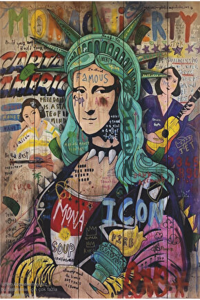 mona lisa özgürlük anıtı amerika pop art estetik tablo dekor retro ahşap poster