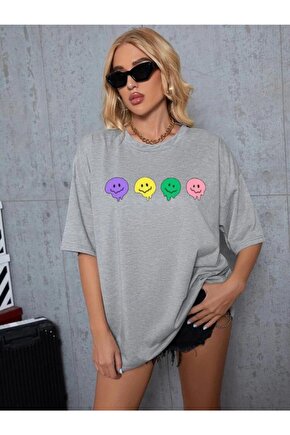 Oversize Unisex Gri Emoji Tshirt