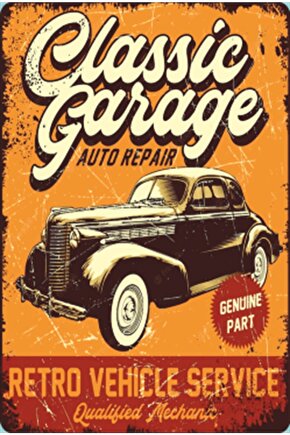 Klasik Araba Garajı Vintage Tarz Retro Ahşap Poster