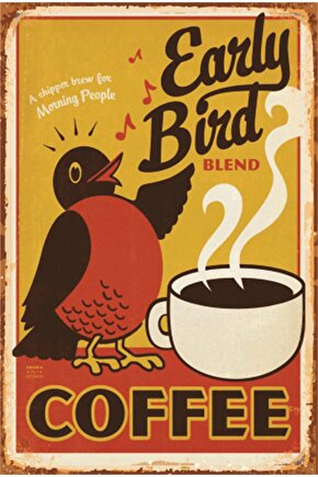 Sevimli Kuş Kahve Mutfak Dekorasyon Retro Ahşap Poster