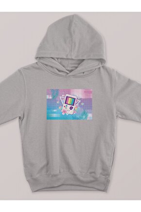 Vapor Wave Tetris Design Baskılı Tasarım 2 Iplik Şardonlu Gri Hoodie Sweatshirt
