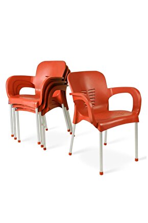 4 Ad Turuncu Metal Ayaklı Bahçe Sandalyesi +4 Ad Krem Renk Minder