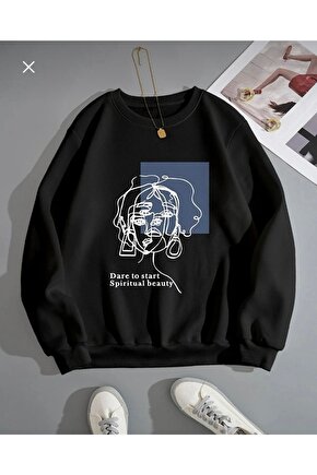 Oversize Kadın Figür Detaylı Bisiklet Yaka Siyah Sweatshirt