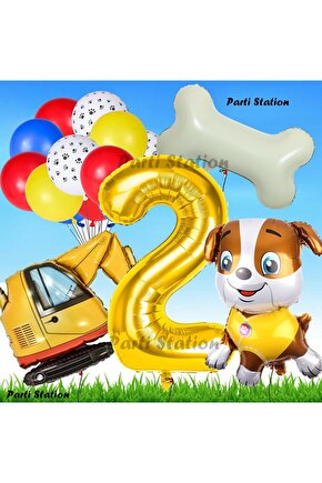 Paw Patrol Rubble Dozer Araçlı Köpek Konsept 2 Yaş Doğum Günü Parti Balon Set Paw Patrol Kemik Balon