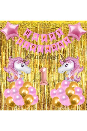 Pembe Unicorn Konsept 1 Yaş Balon Doğum Günü Set Gökkuşağı Unicorn Yaş Balon Set