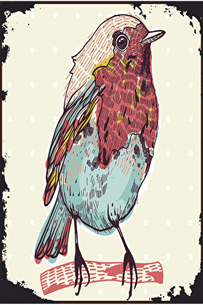 daldaki renkli kuş eskitilmiş nostaljik vintage tarzda estetik retro ahşap poster