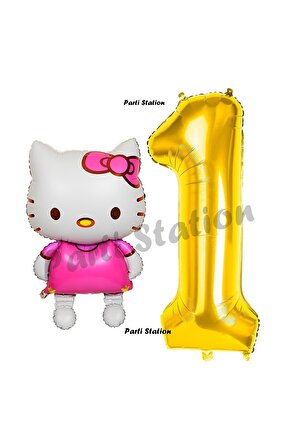 Hello Kitty 1 Yaş Balon ve Gold Rakam Balon Doğum Günü Parti Set Hello Kitty Kedi Balon