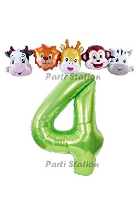 Yeşil Renk Rakam Balonlu Safari 4 Yaş Doğum Günü Parti Balon Set Safari Hayvanlar Tema Parti