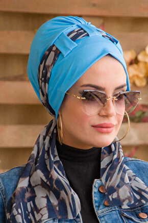 Siyah  Mavi  Fularlı Bone - 40600