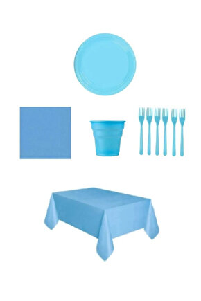 Mavi Renk Plastik Tabak, Bardak, Çatal, Peçete Ve Tek Kullanımlık Masa Örtüsü Seti