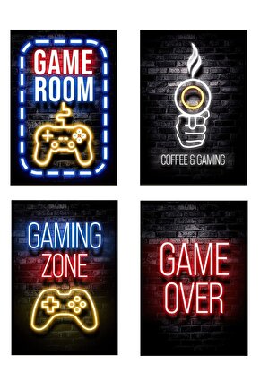 Ahsap Poster 4lü Set Gaming Zone, Game Over, Coffee & Gaming, Game Room