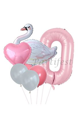 Kuğu 0 Yaş Balon Set Balon Folyo Set Konsept Kuğu Doğum Günü Set Yaş Balon
