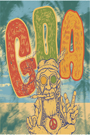 goa yogacı barış işareti yapan bilge hippi baba retro ahşap poster
