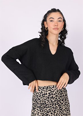Kadın Gömlek Yaka Crop Triko Bluz - Siyah