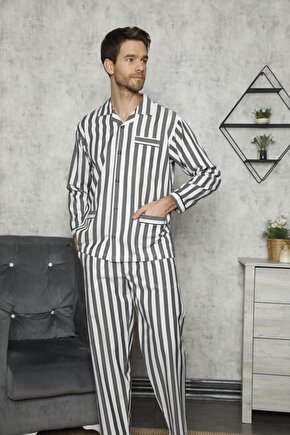 Erkek Lacivert Nostaljik Çizgili Gaffur Pamuklu Pijama Takım 4007
