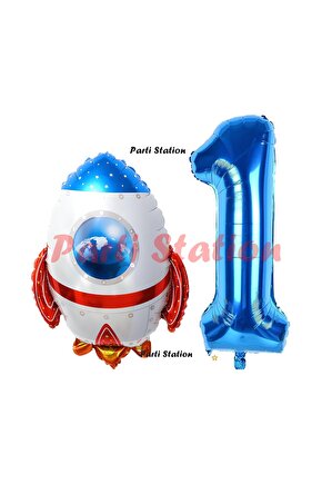 Uzay Konsept Roket Balon 1 Yaş Doğum Günü Set Uzay Konsept Balon ve Lacivert Rakam Balon