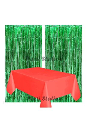 2 Adet Yeşil Renk Metalize Arka Fon Perdesi ve 1 Adet Plastik Kırmızı Renk Masa Örtüsü Set