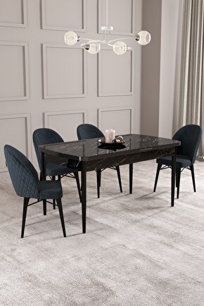 Arya Siyah Mermer Desen 70x114 Mdf Açılabilir Mutfak Masası Takımı 4 Adet Sandalye