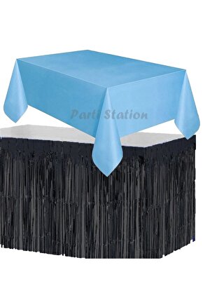 Masa Örtüsü ve Eteği Set Plastik Mavi Renk Masa Örtüsü Siyah Renk Metalize Sarkıt Masa Eteği Set