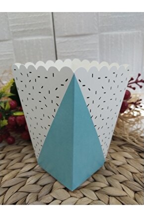 Mavi üçgen desenli  Karton Popcorn Mısır Cips Kutusu 8 Adet
