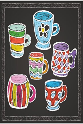 Kara Tahta Üzerine Renkli Fincanlar Mutfak Retro Ahşap Poster