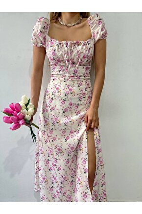 Kadın Uzun Yırtmaç Detaylı Ciçek Desenli Astarlı Önü Bağlamalı Elbise