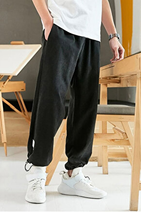 Erkek Siyah Ayarlanabilir Paça Oversize Kalıp Eşofman Pants