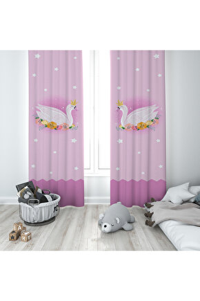 RONNA HOME Bebek ve Çocuk Odası TEK KANAT Pembe Kuğu Desenli Fon Perde RNNTKFP-052