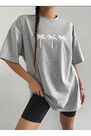 Oversize Unisex Gri Palmiye Tshirt