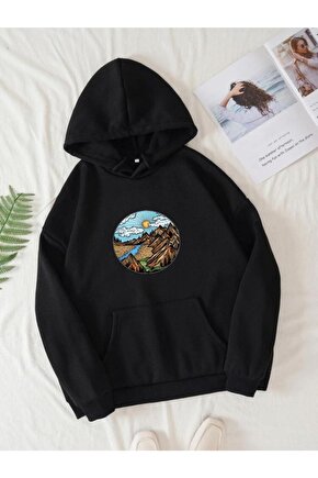 Kapşonlu Oversize Mountain Chain Baskılı Siyah Sweatshirt