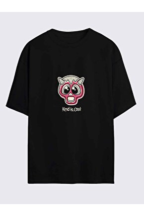 Pink Baskılı Tasarım Oversize Siyah Tshirt