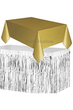 Masa Örtüsü Masa Eteği Plastik Altın Gold Renk Masa Örtüsü Gümüş Renk Metalize Sarkıt Masa Eteği Set