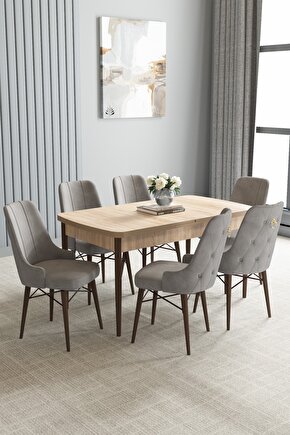 Loft Meşe Desen 80x132 Açılabilir Mutfak Masası Takımı 6 Adet Sandalye
