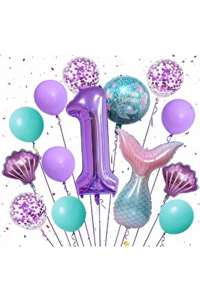 Mor Renk Deniz Kızı Konsept 1 Yaş Rakam Balon Set Deniz Kızı Temalı Doğum Günü Parti Seti