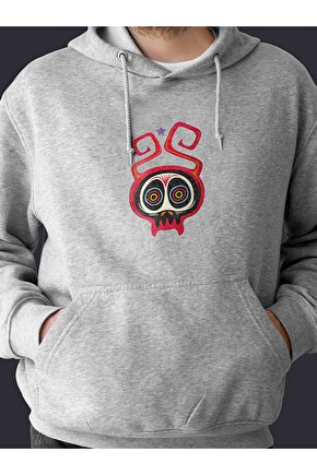 Monster Serisi Kurukafa Baskılı Tasarım 3 Iplik Kalın Siyah Hoodie Sweatshirt