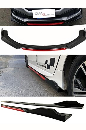 Honda Civic Fc5 2016-2021 Kırmızı Şeritli Ön Lip Ve Yan Marşpiyel Seti Piona Black