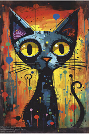 sevimli kedi yağlı boya tablo estetik dekor retro ahşap poster