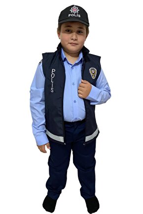 Çocuk Mavi Gömlekli Kadro Polis Kıyafeti Ve Polis Yeleği Polis Kostümü