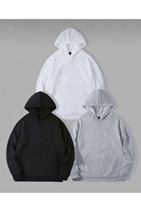 Unisex Oversize 3lü Paket Siyah-Gri-Beyaz Kapşonlu Sweatshirt