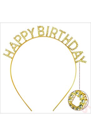 Himarry Altın Gold Renk Kristal Taşlı Parlak Happy Birthday Taç 16x17 cm