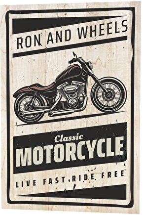 Klasik Motor Ron And Wheels Ahşap Desenli Retro Vintage Ahşap Poster