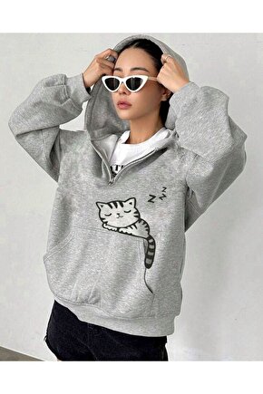 Kadın Oversize Kapşonlu Gri Yarım Fermuarlı Uyuyan Kedi Baskılı Sweatshirt