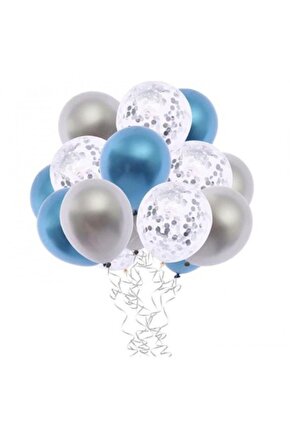 Gümüş Konfetili Şeffaf Balon Metalik Mavi Metalik Gri Balon Seti 15 Adet