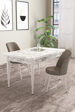 Emila Beyaz Mermer Desen 70x110 Sabit Mutfak Masası 2 Adet Sandalye